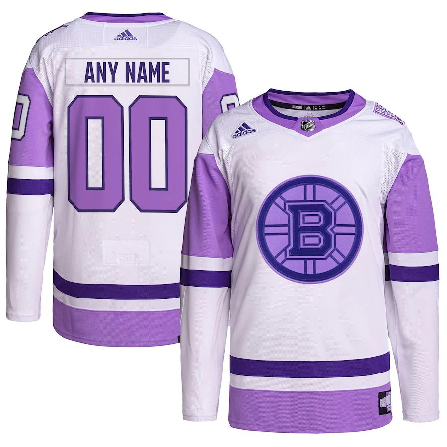 Men Boston Bruins adidas White Purple Hockey Fights Cancer Primegreen Authentic Custom NHL Jersey